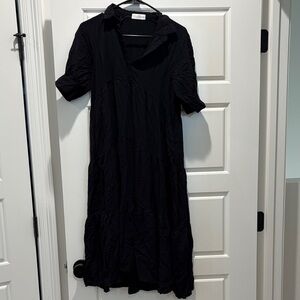 NATURAL LIFE Black Midi Dress Half Button Up with Pockets